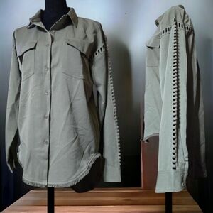 NWOT HOMEBODY "iMANI" Olive Woven Top Long Sleeve Button Up Oversized Shirt